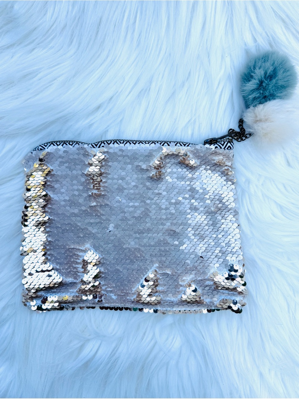 Joyfolie Sequin Pouch with Pom Pom Tassels